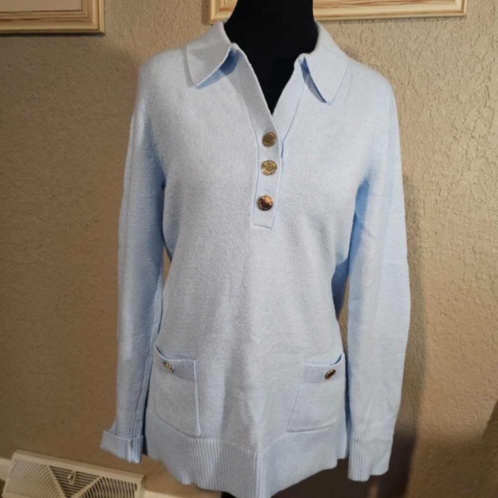 Lilly Pulitzer‎ Light Blue Polo Sweater Gold Button Front Pockets Small